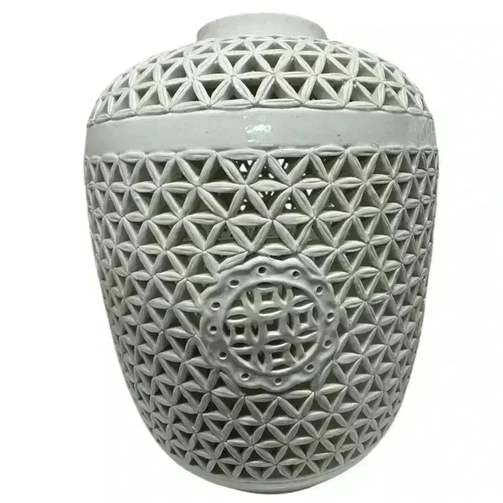 Pair of white majolica perforated Chinese Reticulated Porcelain Ceramic Vases